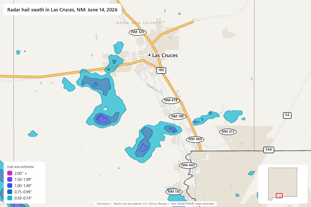 Radar-estimated hail swath in Las Cruces, NM on June 14, 2026; colors show estimated hail sizes
