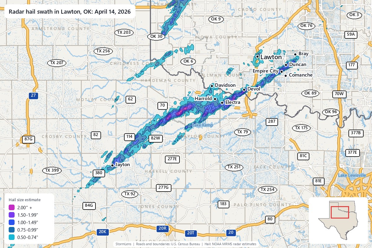 Radar-estimated hail swath in Lawton, OK on April 14, 2026; colors show estimated hail sizes