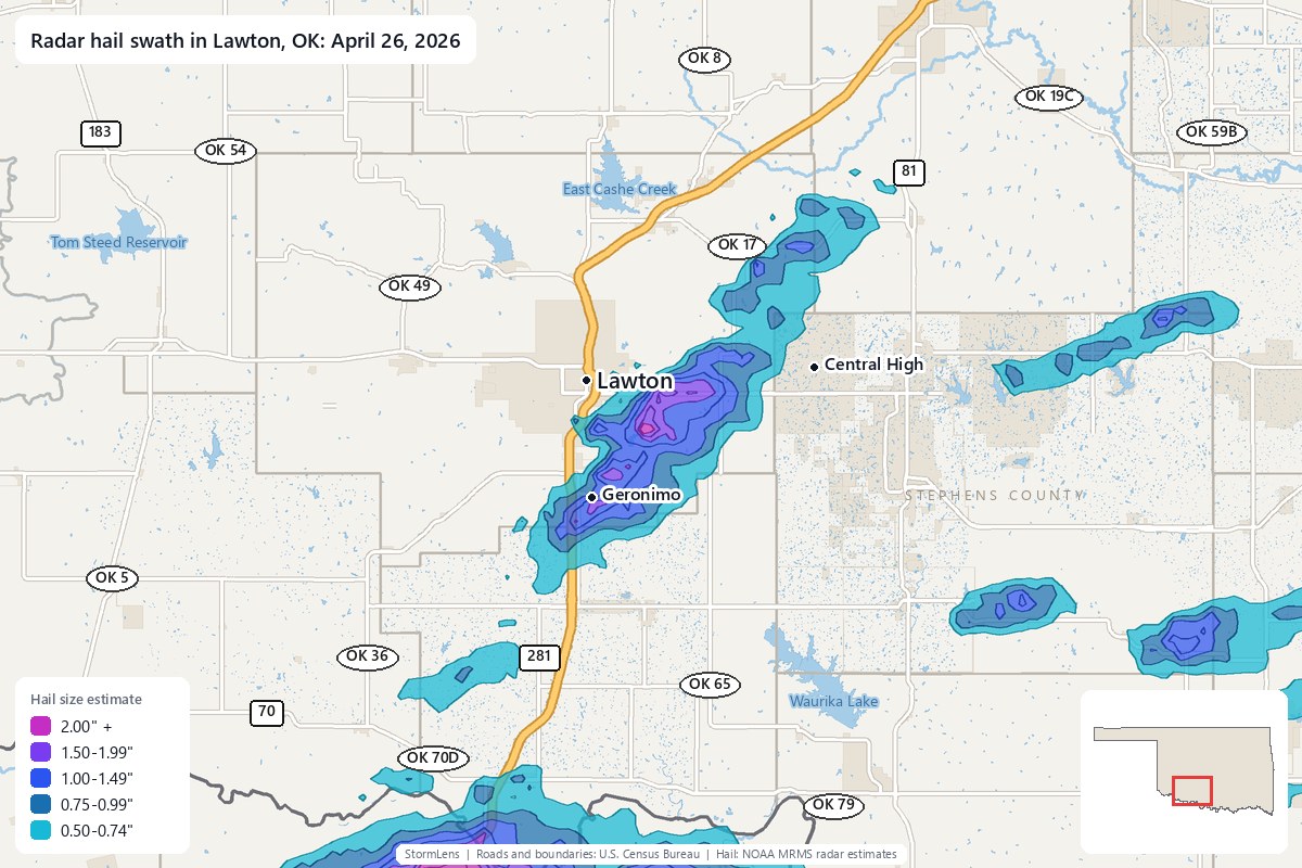 Radar-estimated hail swath in Lawton, OK on April 26, 2026; colors show estimated hail sizes