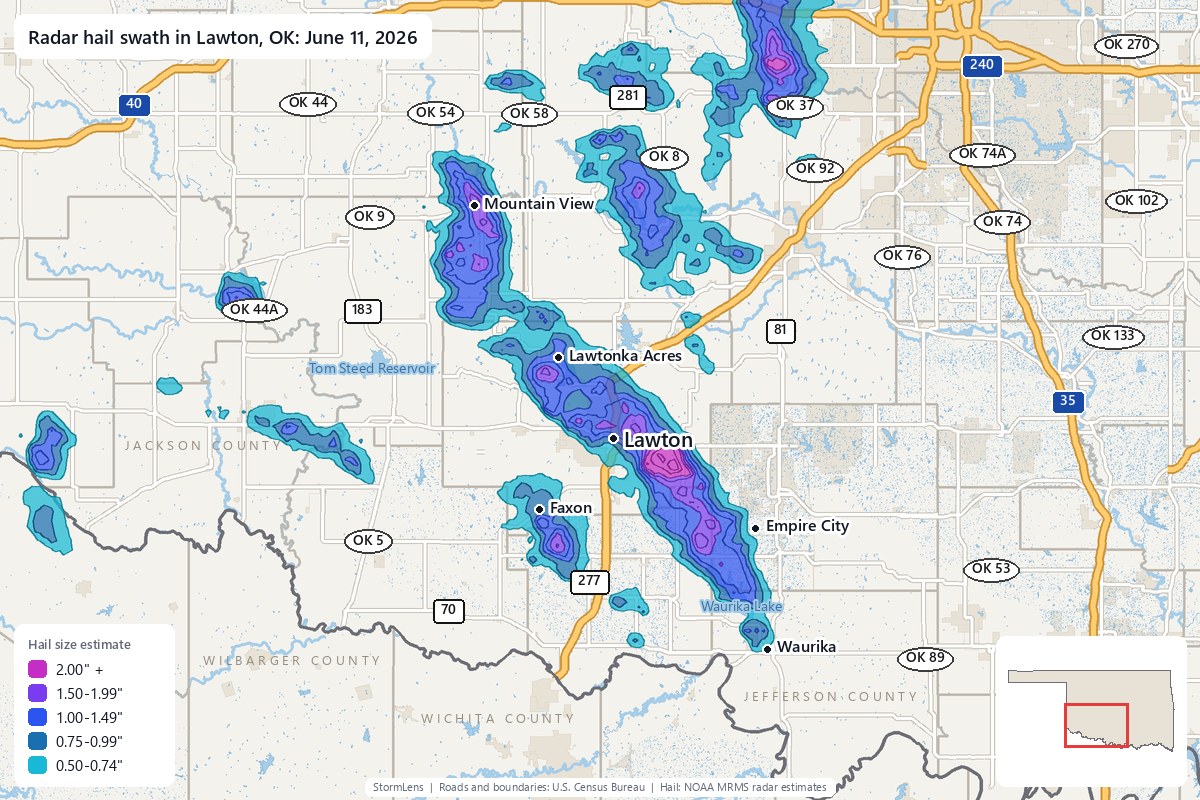Radar-estimated hail swath in Lawton, OK on June 11, 2026; colors show estimated hail sizes