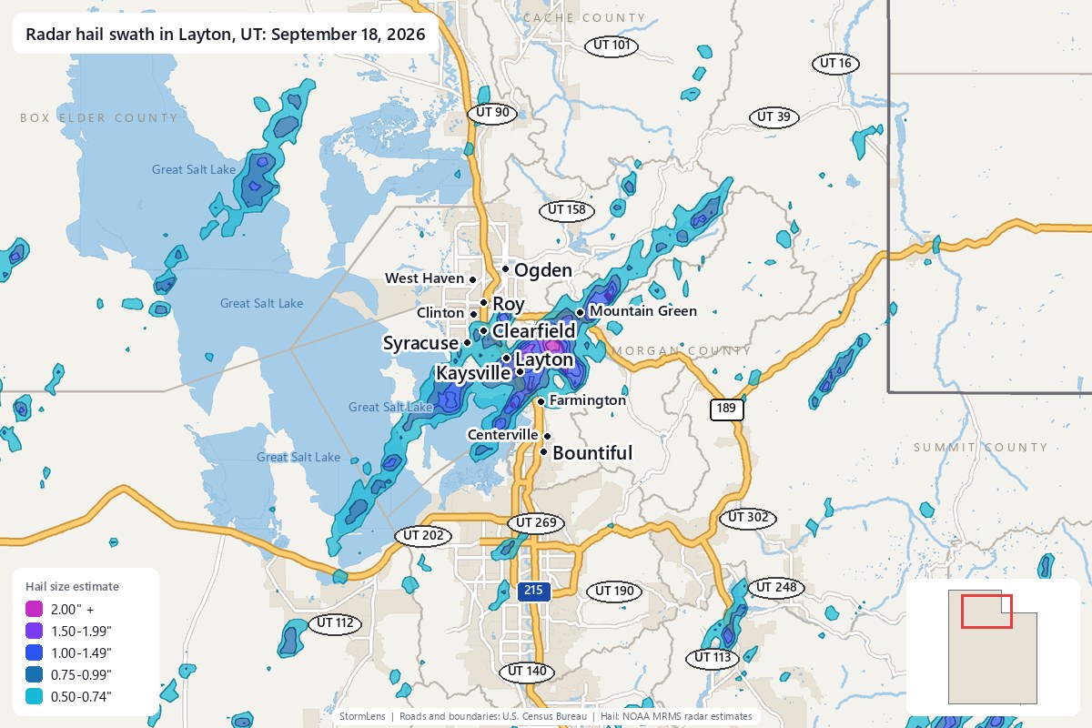 Radar-estimated hail swath in Layton, UT on September 18, 2026; colors show estimated hail sizes