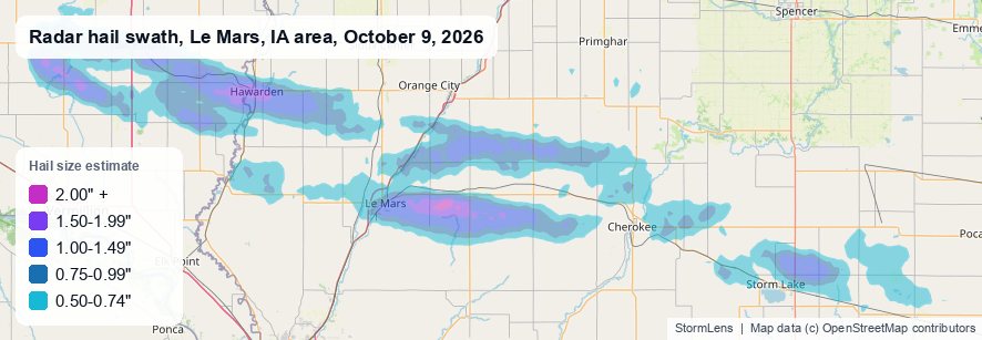 Radar-estimated hail swath near Le Mars, IA on October 9, 2026; colors show estimated hail sizes