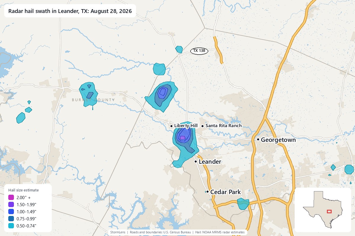 Radar-estimated hail swath in Leander, TX on August 28, 2026; colors show estimated hail sizes