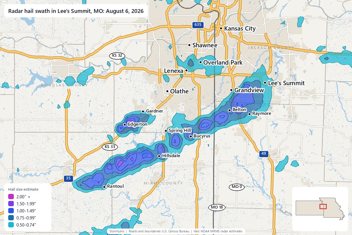 Radar-estimated hail swath in Lee's Summit, MO on August 6, 2026; colors show estimated hail sizes