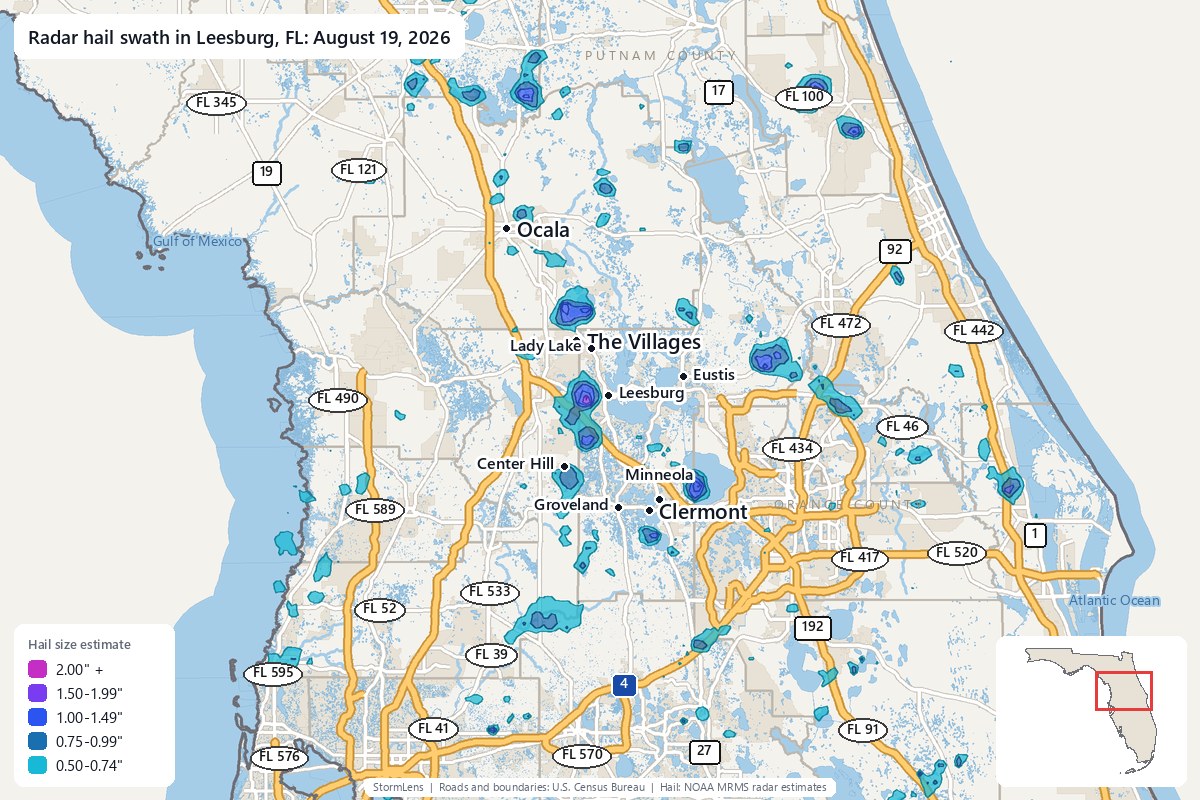 Radar-estimated hail swath in Leesburg, FL on August 19, 2026; colors show estimated hail sizes