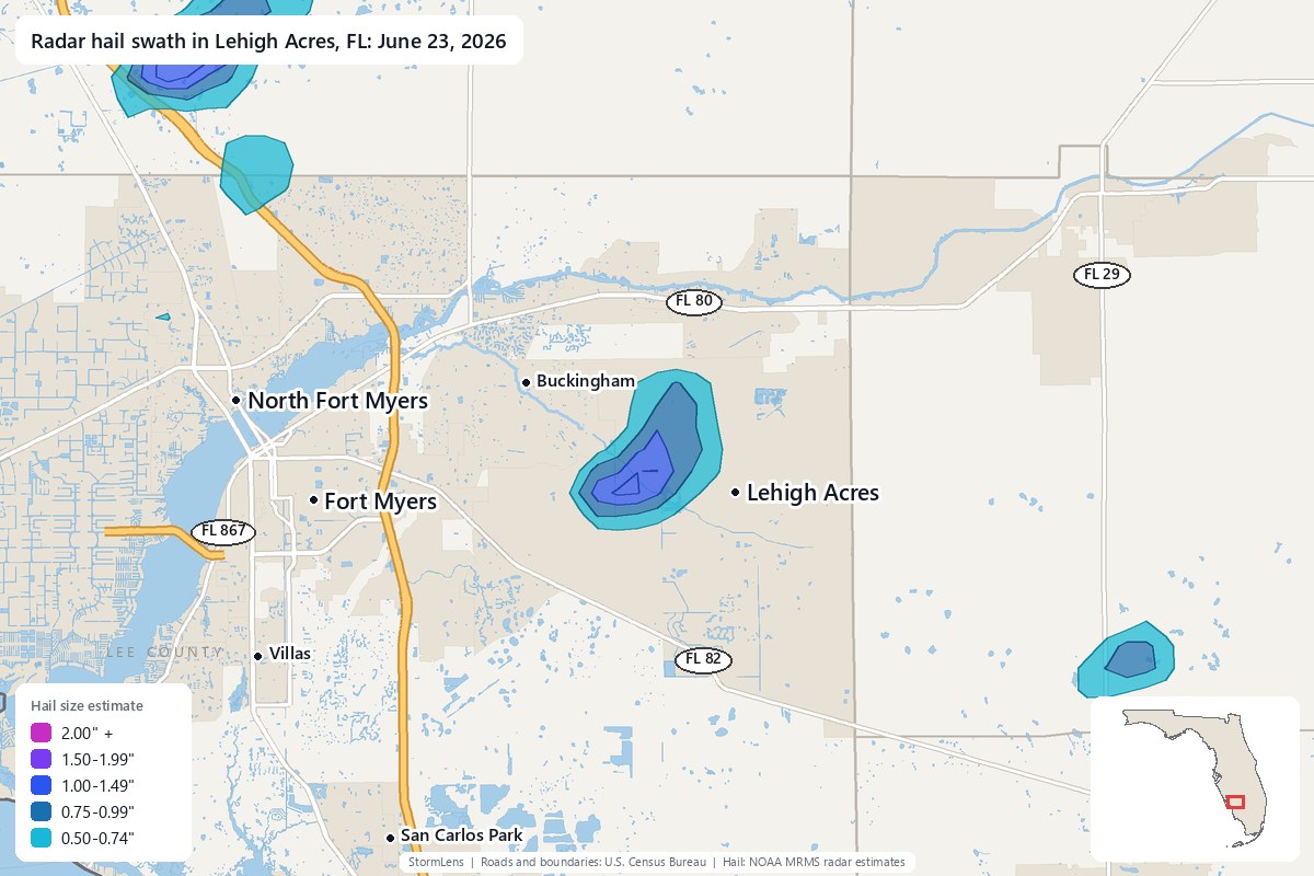 Radar-estimated hail swath in Lehigh Acres, FL on June 23, 2026; colors show estimated hail sizes