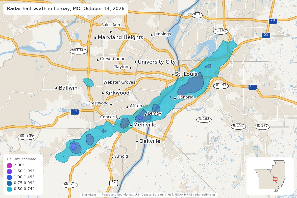 Radar-estimated hail swath in Lemay, MO on October 14, 2026; colors show estimated hail sizes