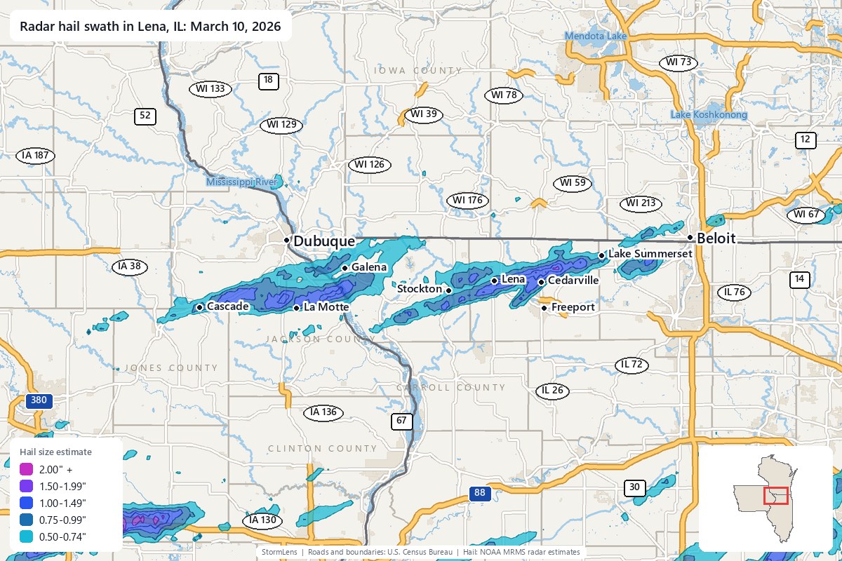 Radar-estimated hail swath in Lena, IL on March 10, 2026; colors show estimated hail sizes