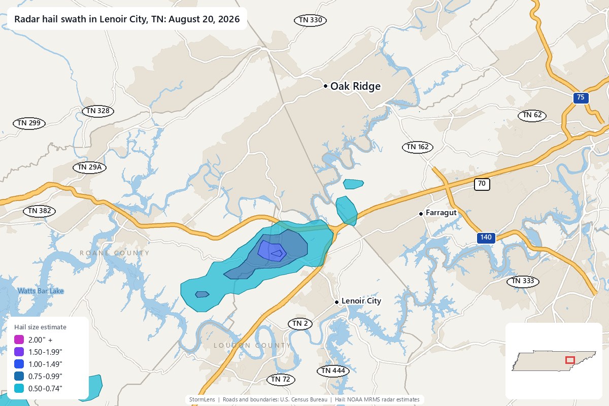Radar-estimated hail swath in Lenoir City, TN on August 20, 2026; colors show estimated hail sizes