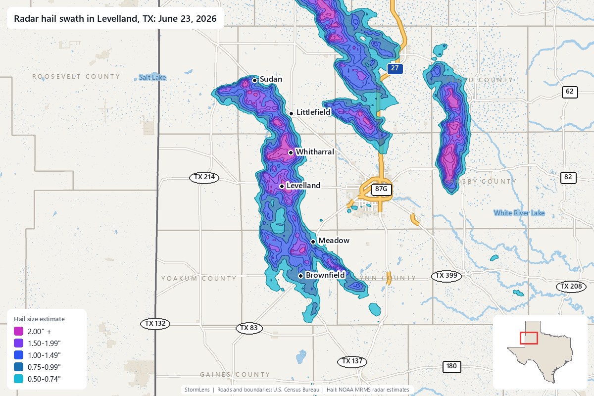 Radar-estimated hail swath in Levelland, TX on June 23, 2026; colors show estimated hail sizes