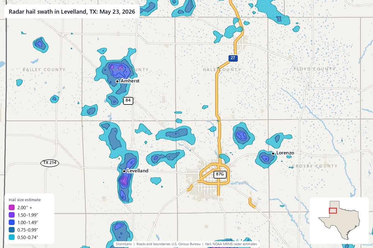Radar-estimated hail swath in Levelland, TX on May 23, 2026; colors show estimated hail sizes