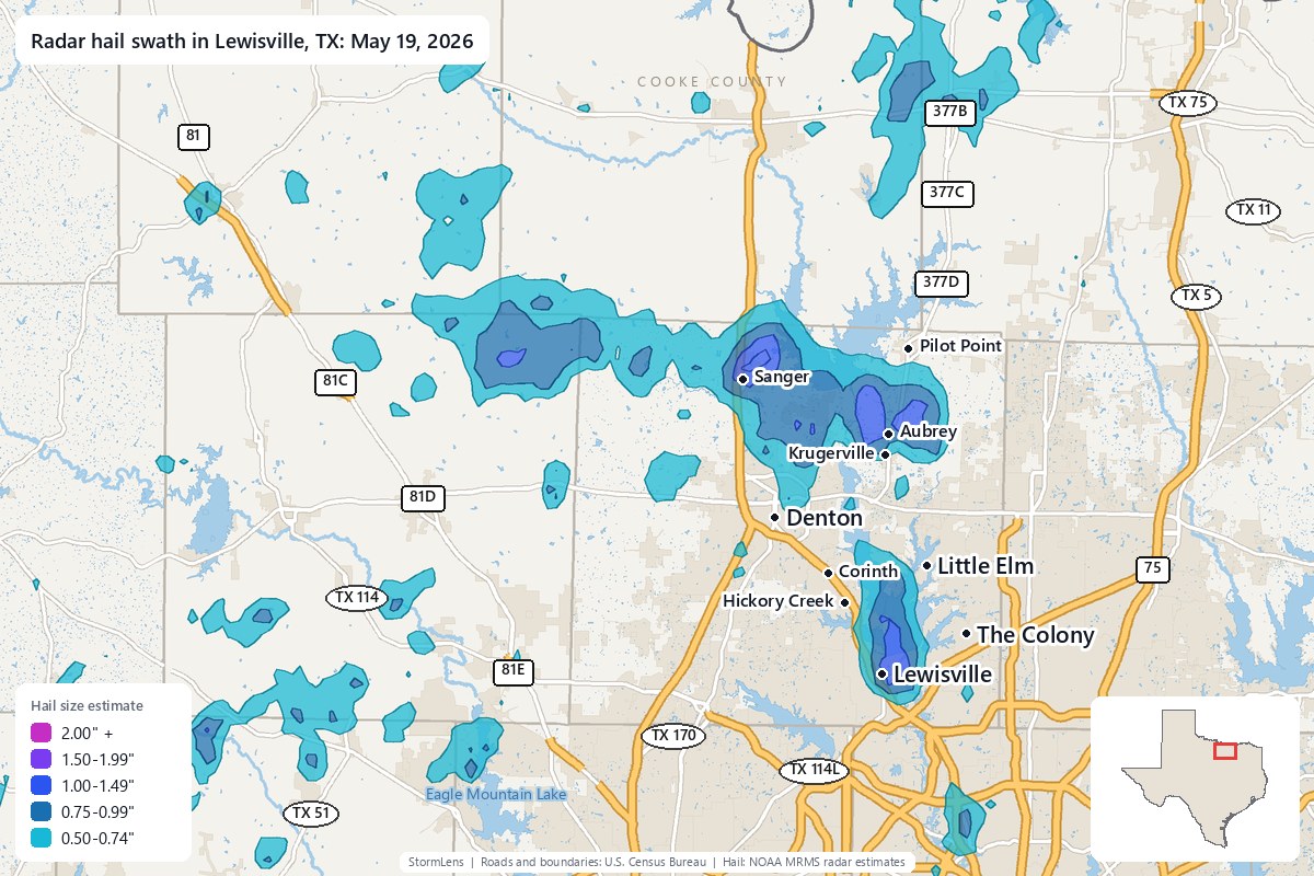 Radar-estimated hail swath in Lewisville, TX on May 19, 2026; colors show estimated hail sizes
