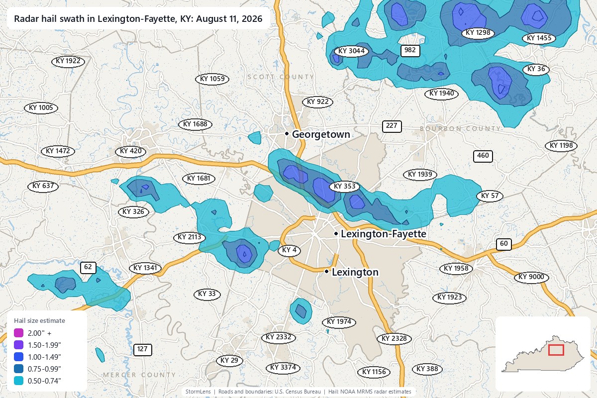 Radar-estimated hail swath in Lexington-Fayette, KY on August 11, 2026; colors show estimated hail sizes