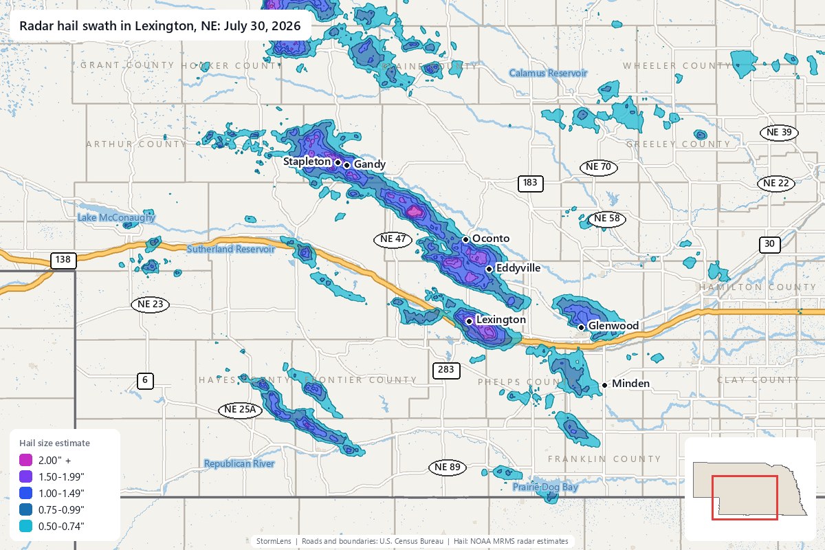 Radar-estimated hail swath in Lexington, NE on July 30, 2026; colors show estimated hail sizes