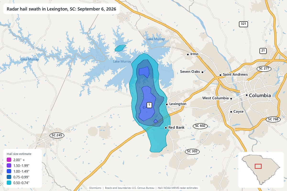 Radar-estimated hail swath in Lexington, SC on September 6, 2026; colors show estimated hail sizes