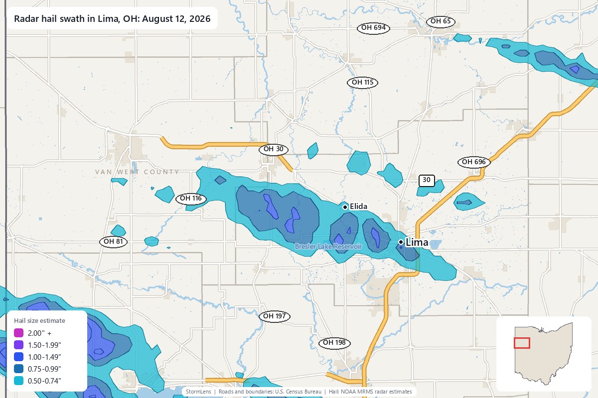 Radar-estimated hail swath in Lima, OH on August 12, 2026; colors show estimated hail sizes