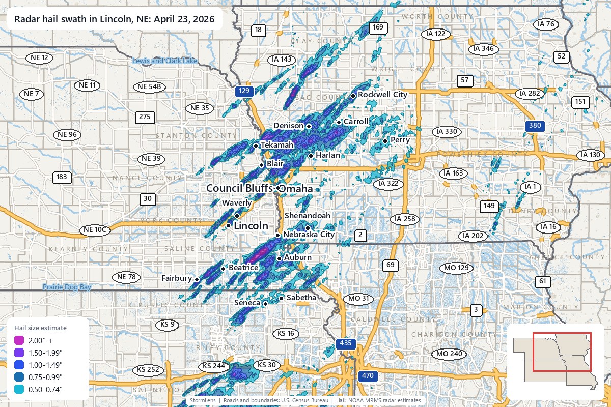 Radar-estimated hail swath in Lincoln, NE on April 23, 2026; colors show estimated hail sizes
