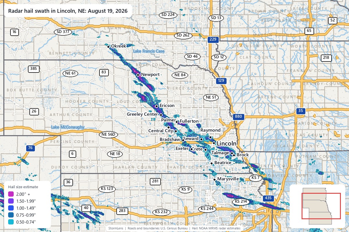 Radar-estimated hail swath in Lincoln, NE on August 19, 2026; colors show estimated hail sizes