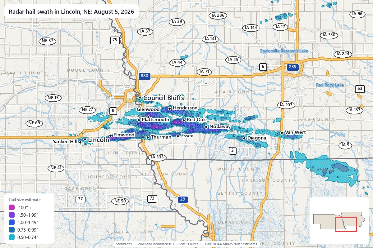 Radar-estimated hail swath in Lincoln, NE on August 5, 2026; colors show estimated hail sizes