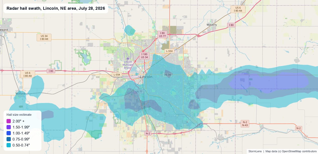 Radar-estimated hail swath near Lincoln, NE on July 28, 2026; colors show estimated hail sizes
