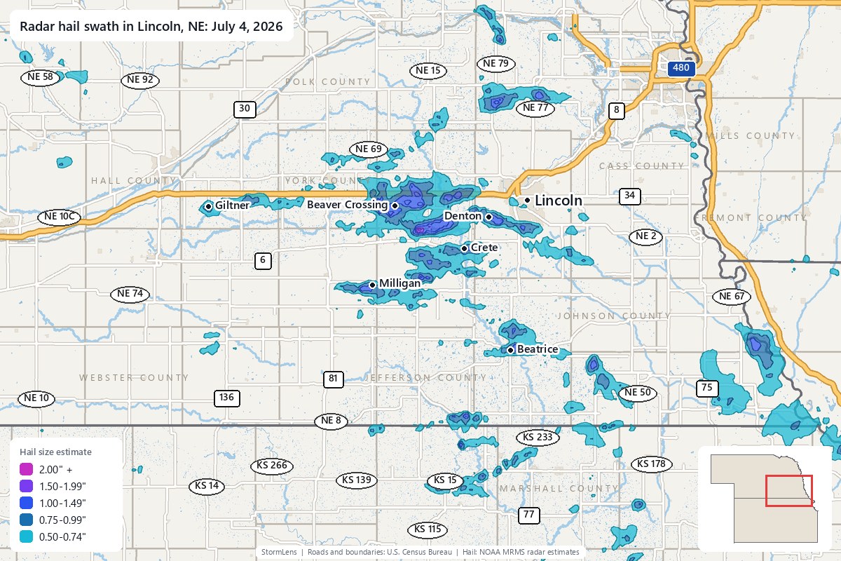 Radar-estimated hail swath in Lincoln, NE on July 4, 2026; colors show estimated hail sizes