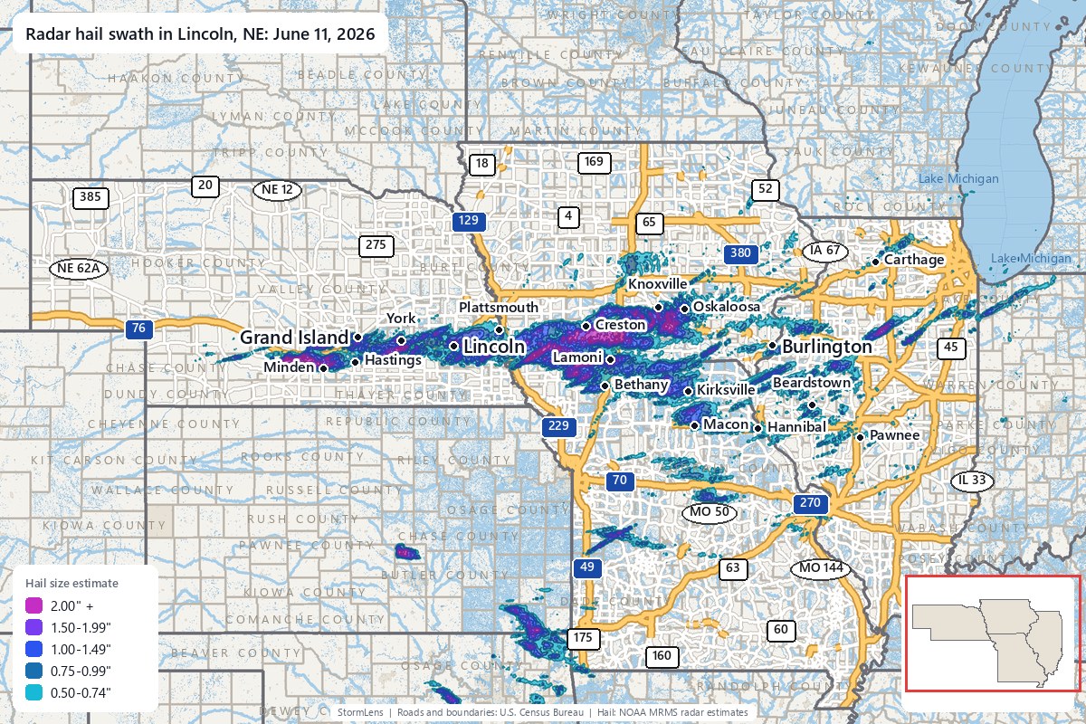 Radar-estimated hail swath in Lincoln, NE on June 11, 2026; colors show estimated hail sizes