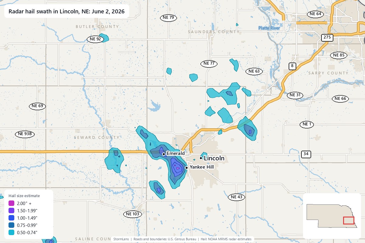 Radar-estimated hail swath in Lincoln, NE on June 2, 2026; colors show estimated hail sizes