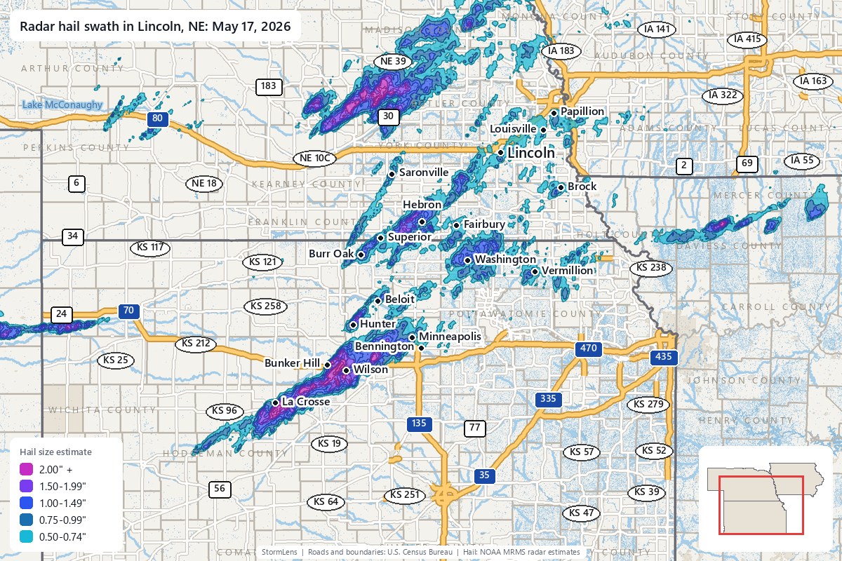 Radar-estimated hail swath in Lincoln, NE on May 17, 2026; colors show estimated hail sizes