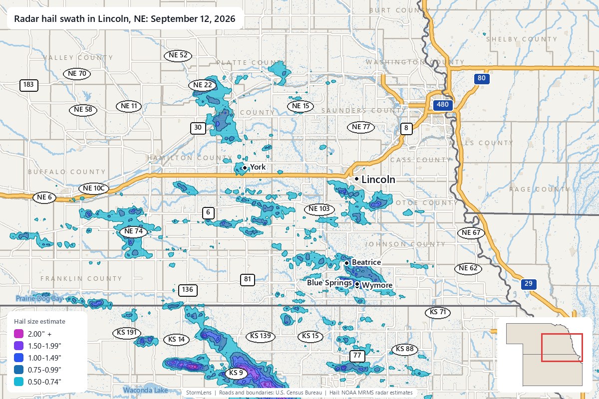 Radar-estimated hail swath in Lincoln, NE on September 12, 2026; colors show estimated hail sizes