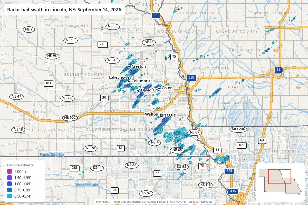 Radar-estimated hail swath in Lincoln, NE on September 14, 2026; colors show estimated hail sizes