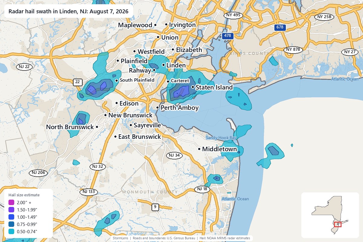 Radar-estimated hail swath in Linden, NJ on August 7, 2026; colors show estimated hail sizes