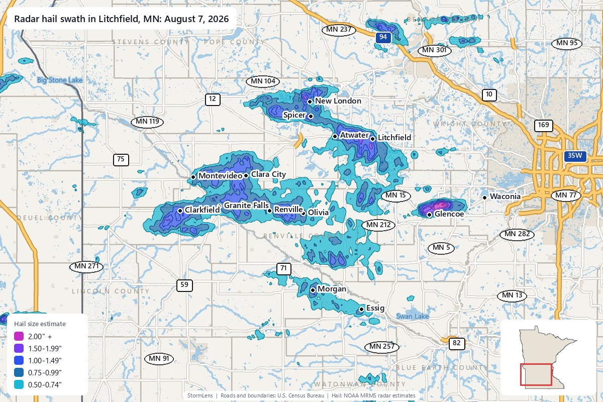 Radar-estimated hail swath in Litchfield, MN on August 7, 2026; colors show estimated hail sizes