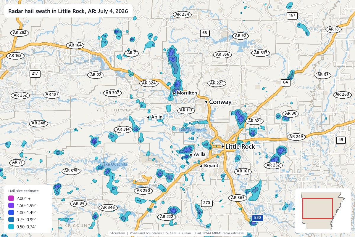 Radar-estimated hail swath in Little Rock, AR on July 4, 2026; colors show estimated hail sizes