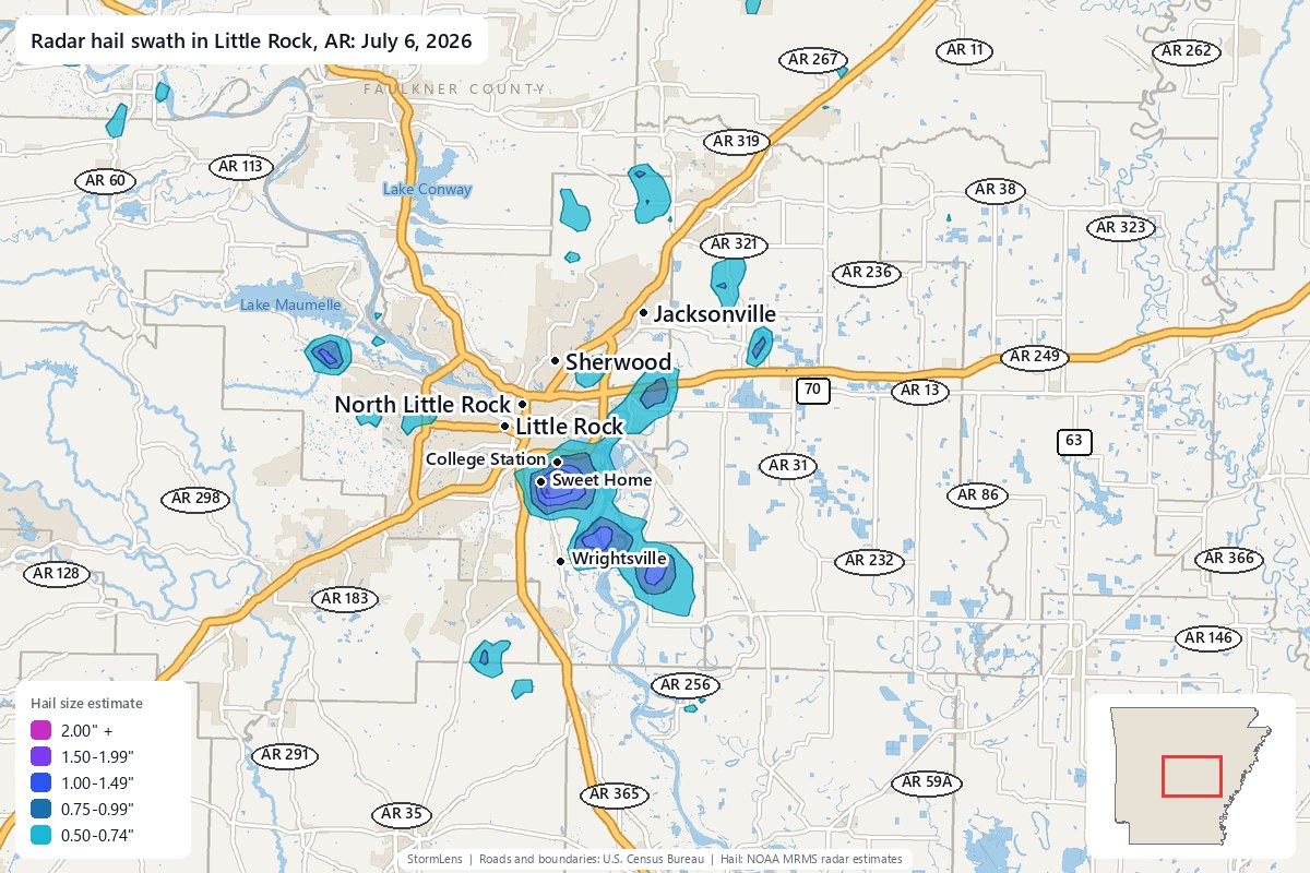 Radar-estimated hail swath in Little Rock, AR on July 6, 2026; colors show estimated hail sizes