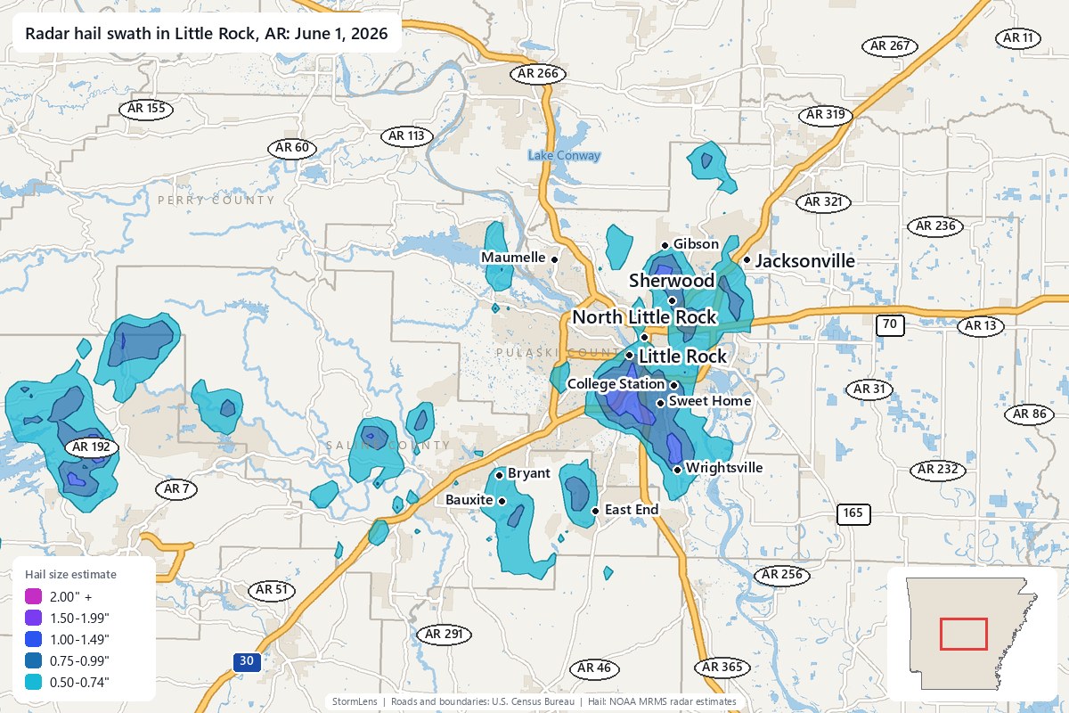 Radar-estimated hail swath in Little Rock, AR on June 1, 2026; colors show estimated hail sizes