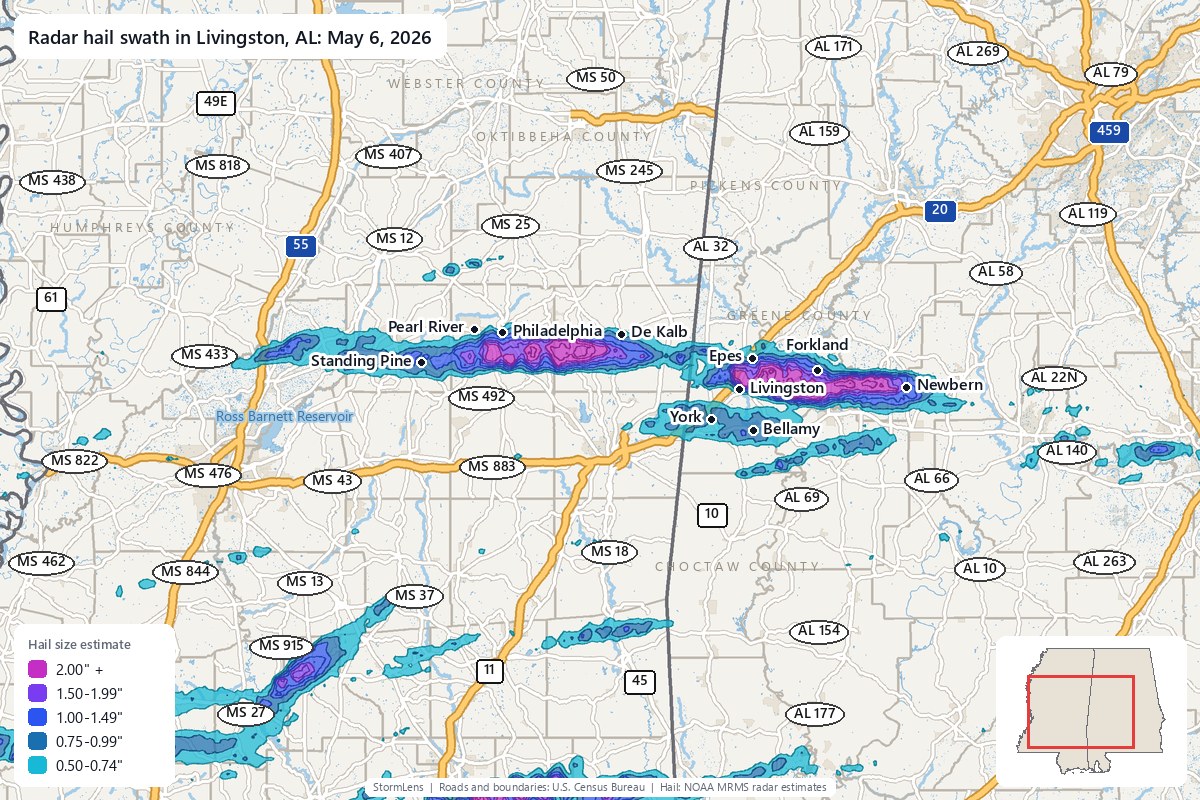 Radar-estimated hail swath in Livingston, AL on May 6, 2026; colors show estimated hail sizes