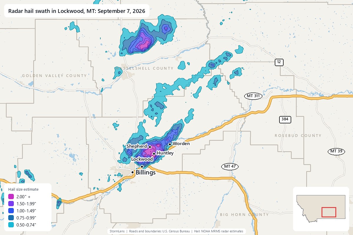 Radar-estimated hail swath in Lockwood, MT on September 7, 2026; colors show estimated hail sizes