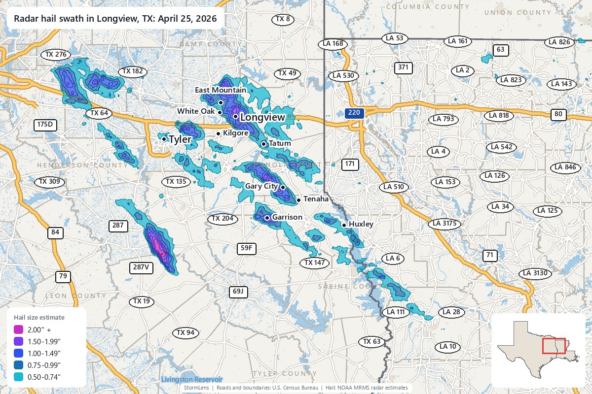 Radar-estimated hail swath in Longview, TX on April 25, 2026; colors show estimated hail sizes