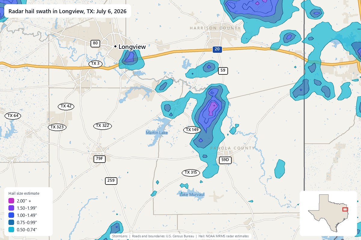 Radar-estimated hail swath in Longview, TX on July 6, 2026; colors show estimated hail sizes