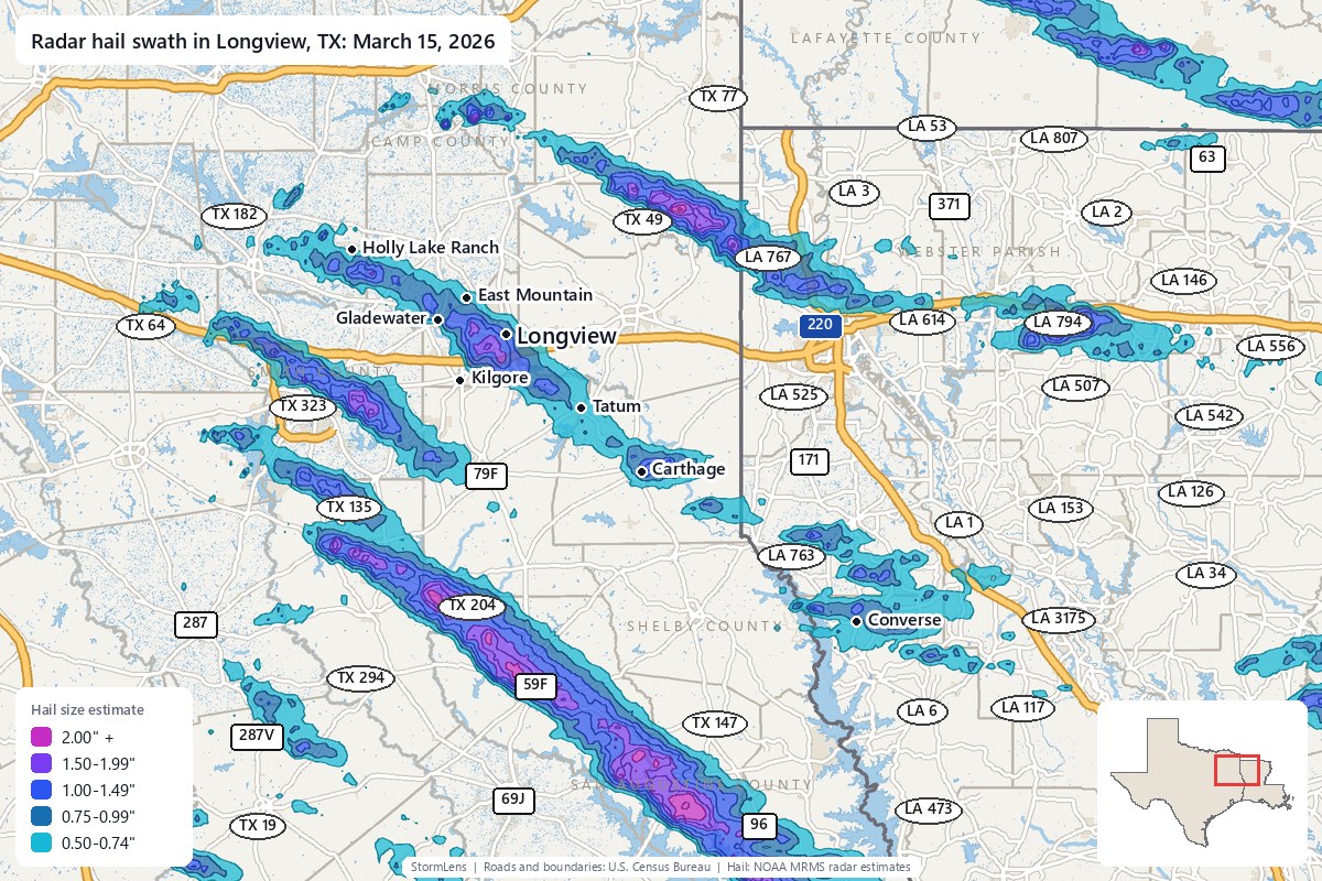 Radar-estimated hail swath in Longview, TX on March 15, 2026; colors show estimated hail sizes