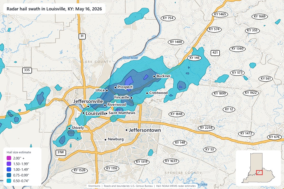 Radar-estimated hail swath in Louisville, KY on May 16, 2026; colors show estimated hail sizes