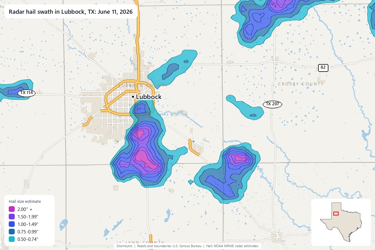 Radar-estimated hail swath in Lubbock, TX on June 11, 2026; colors show estimated hail sizes
