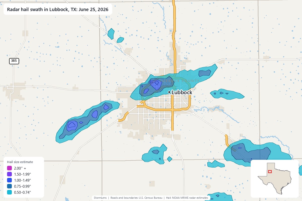 Radar-estimated hail swath in Lubbock, TX on June 25, 2026; colors show estimated hail sizes