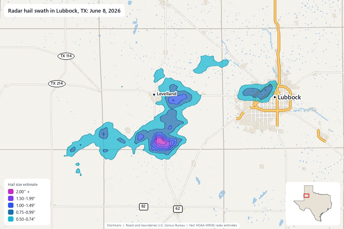 Radar-estimated hail swath in Lubbock, TX on June 8, 2026; colors show estimated hail sizes