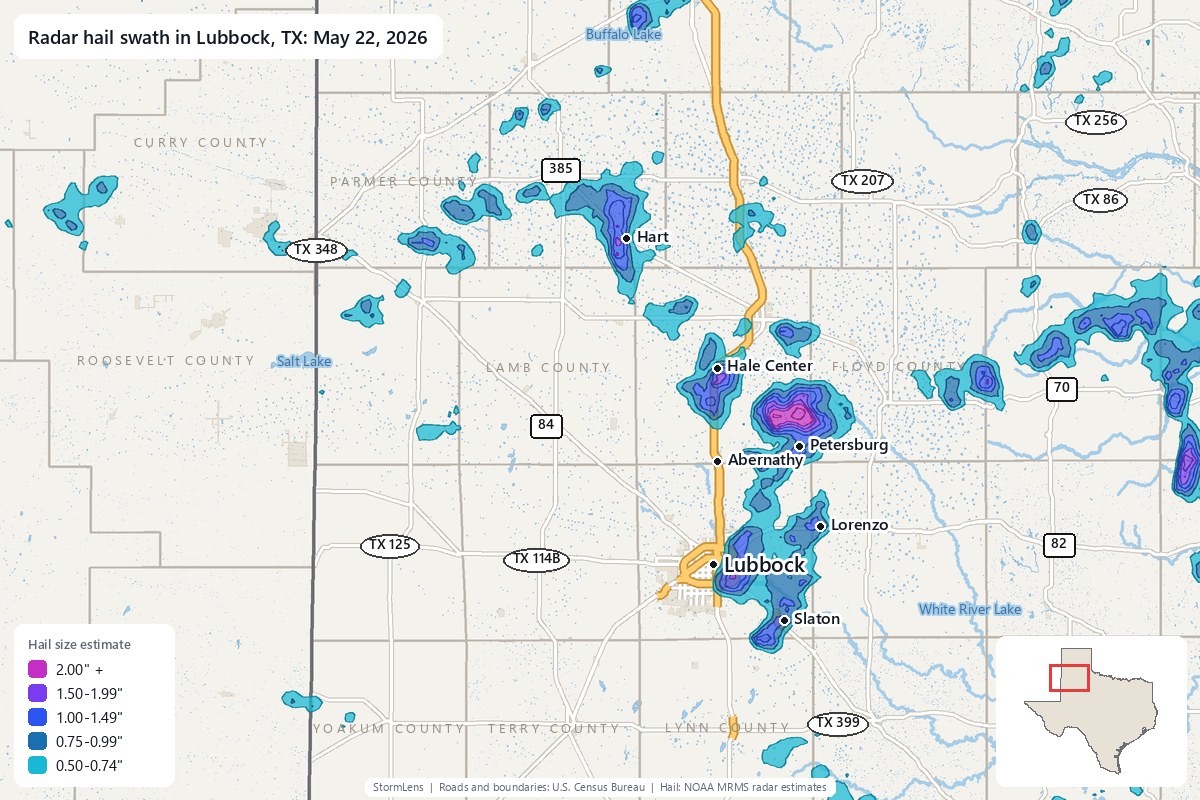 Radar-estimated hail swath in Lubbock, TX on May 22, 2026; colors show estimated hail sizes