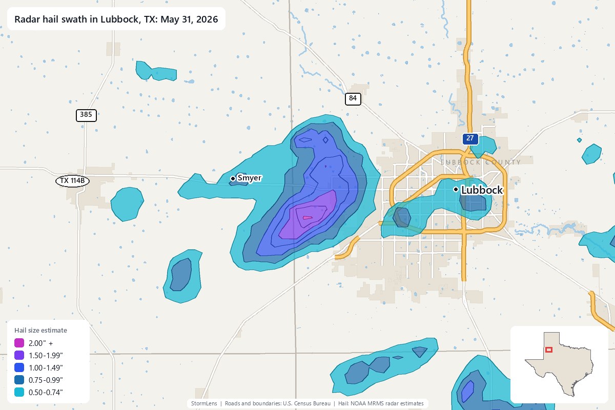 Radar-estimated hail swath in Lubbock, TX on May 31, 2026; colors show estimated hail sizes