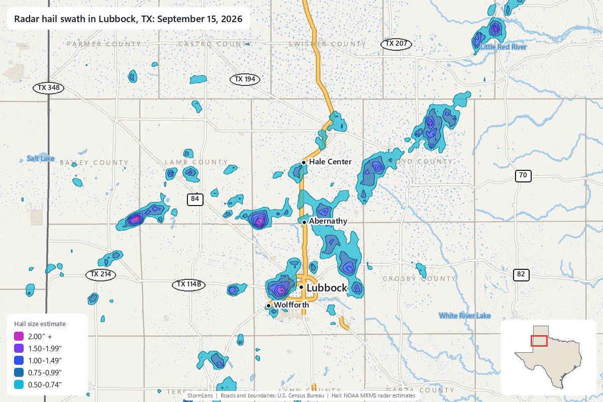 Radar-estimated hail swath in Lubbock, TX on September 15, 2026; colors show estimated hail sizes
