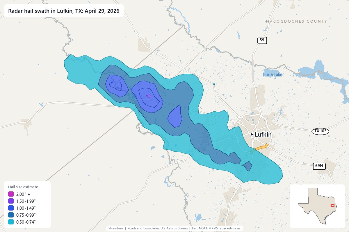 Radar-estimated hail swath in Lufkin, TX on April 29, 2026; colors show estimated hail sizes