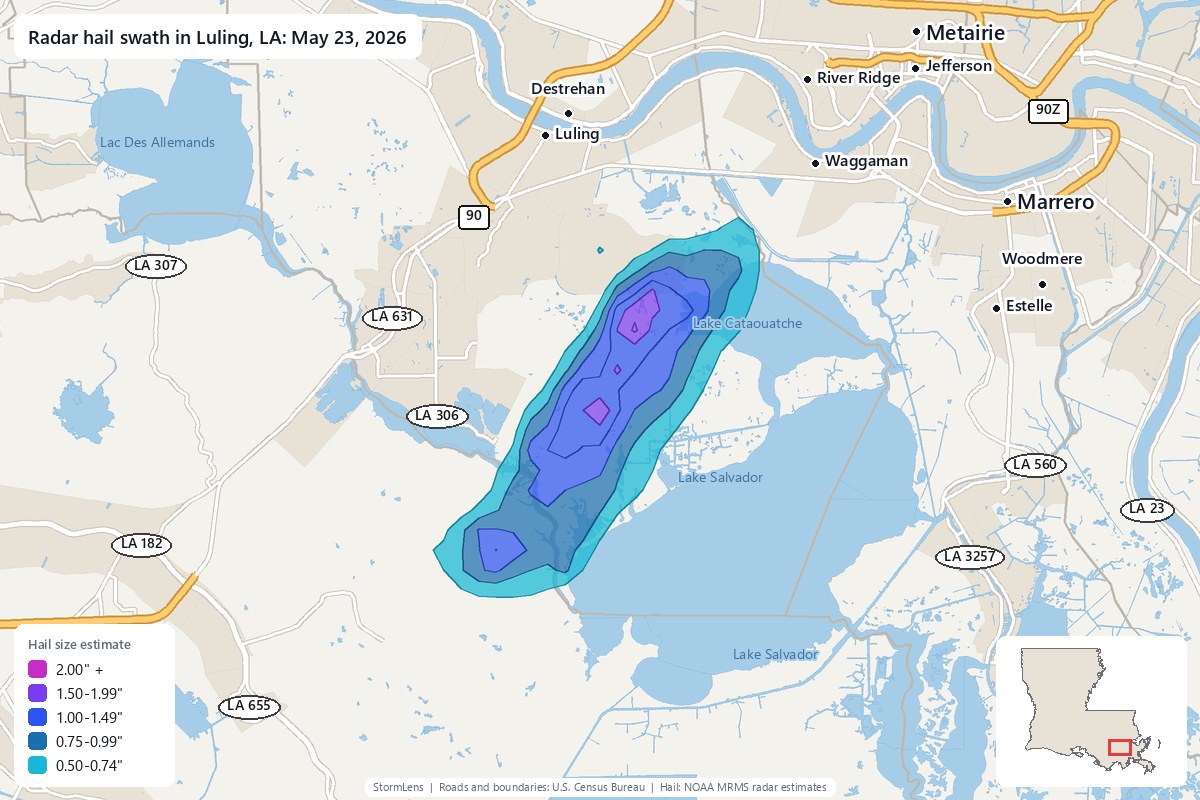 Radar-estimated hail swath in Luling, LA on May 23, 2026; colors show estimated hail sizes