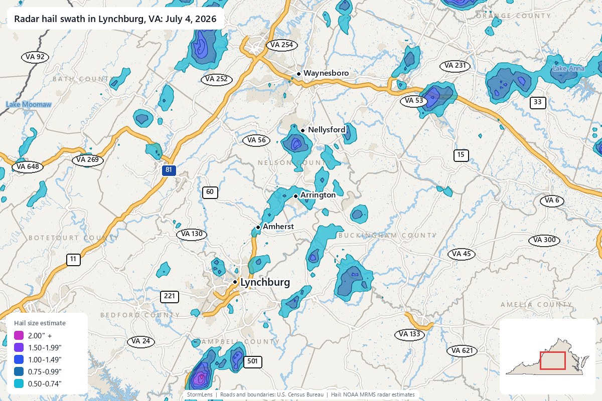 Radar-estimated hail swath in Lynchburg, VA on July 4, 2026; colors show estimated hail sizes